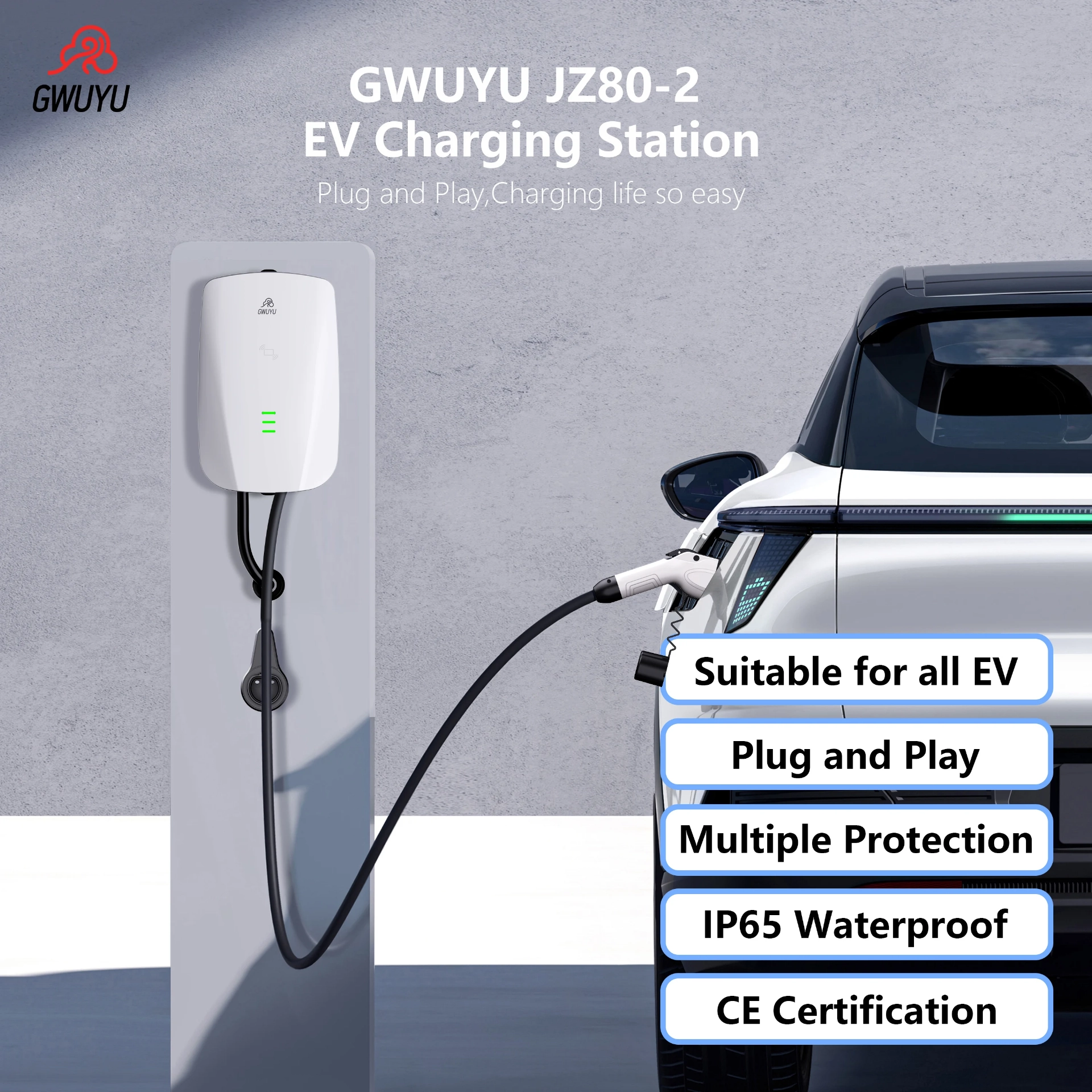 GWUYU GBT شاحن EV قياسي 11KW-22KW 3-Phase لمحطة شحن السيارة المنزلية على الحائط مع كابل شحن 5 متر 3