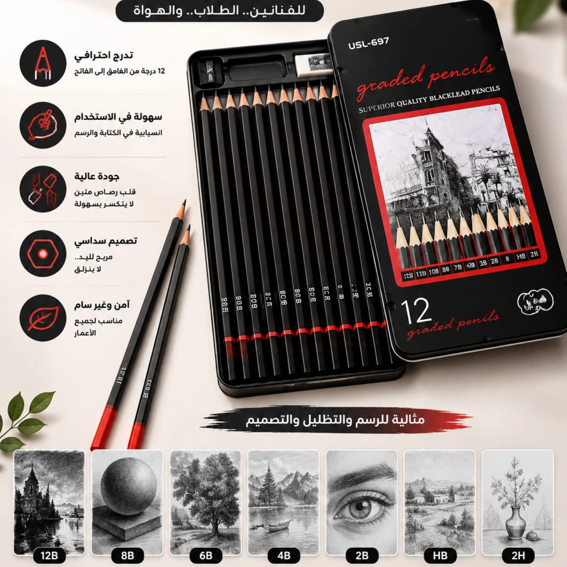  علبة معدنية قلم فحمي رسم احترافي 1