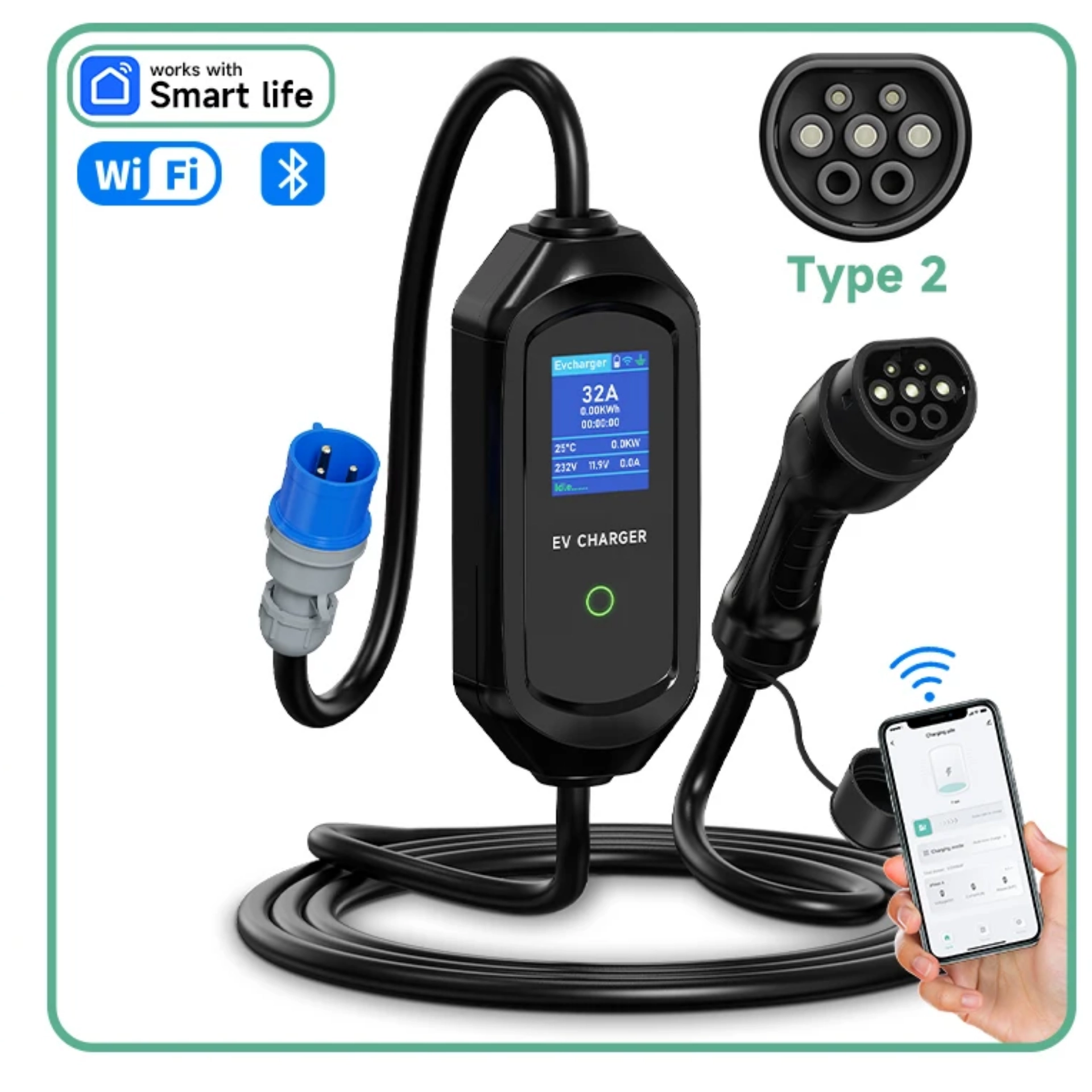 AFYEEV 32A 7.2KW Type2 Type1EV شاحن محمول GB/T شاحن السيارة الكهربائية EVSE كابل شحن واي فاي بلوتوث APP التحكم 2