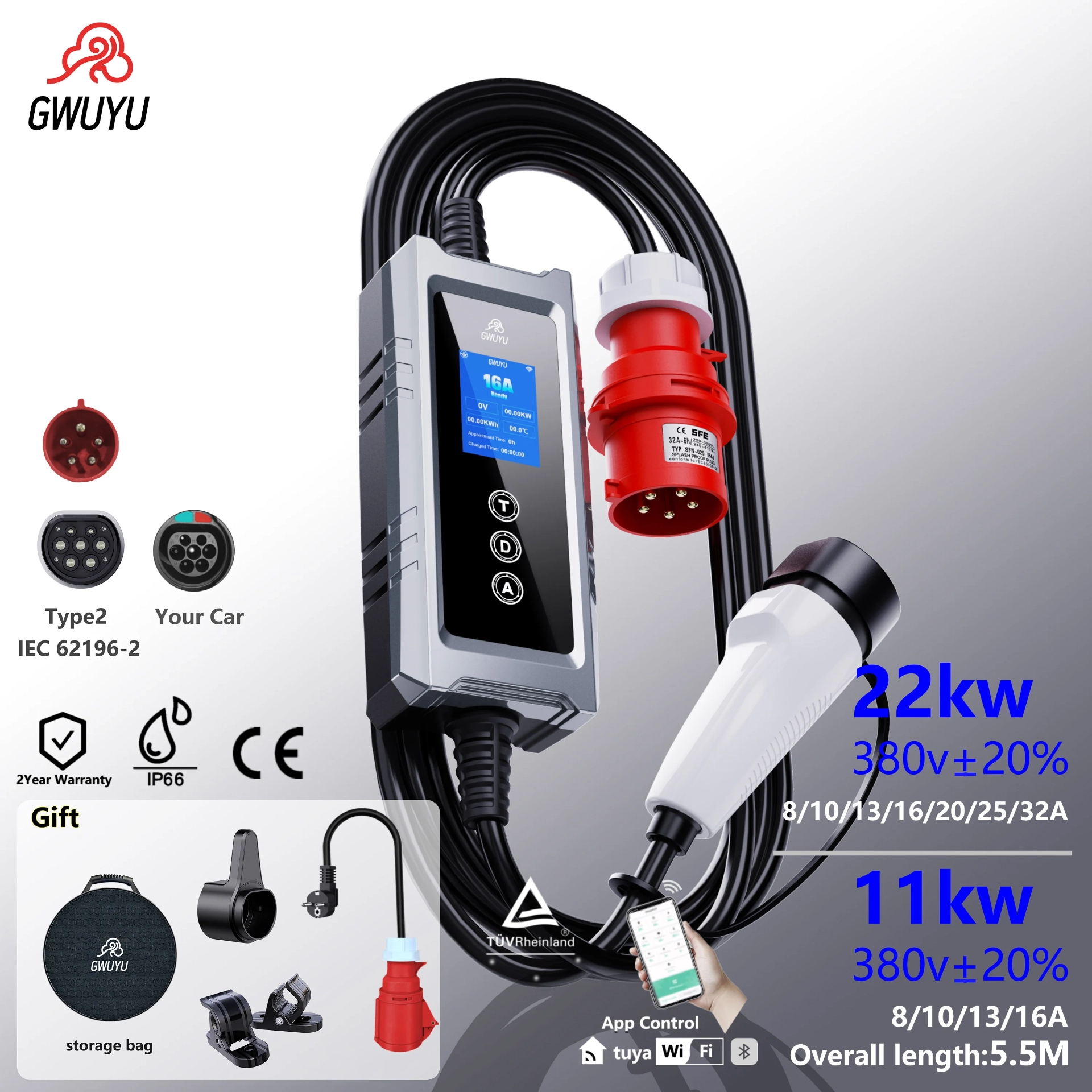 GWUYU 22kw-11kw شاحن السيارة الكهربائية المحمول مع شاشة LED التي تسيطر عليها تطبيق WiFi قابلة للتعديل 32A محطة شحن EV مدمجة 3