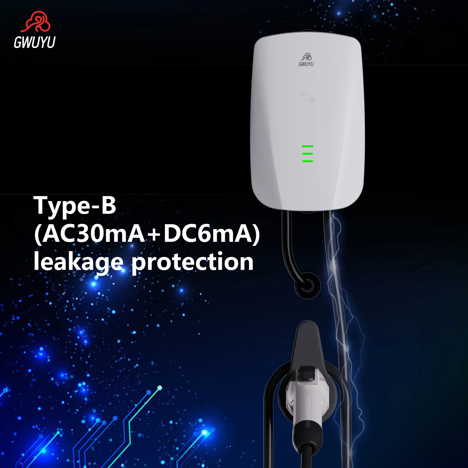 GWUYU GBT شاحن EV قياسي 11KW-22KW 3-Phase لمحطة شحن السيارة المنزلية على الحائط مع كابل شحن 5 متر