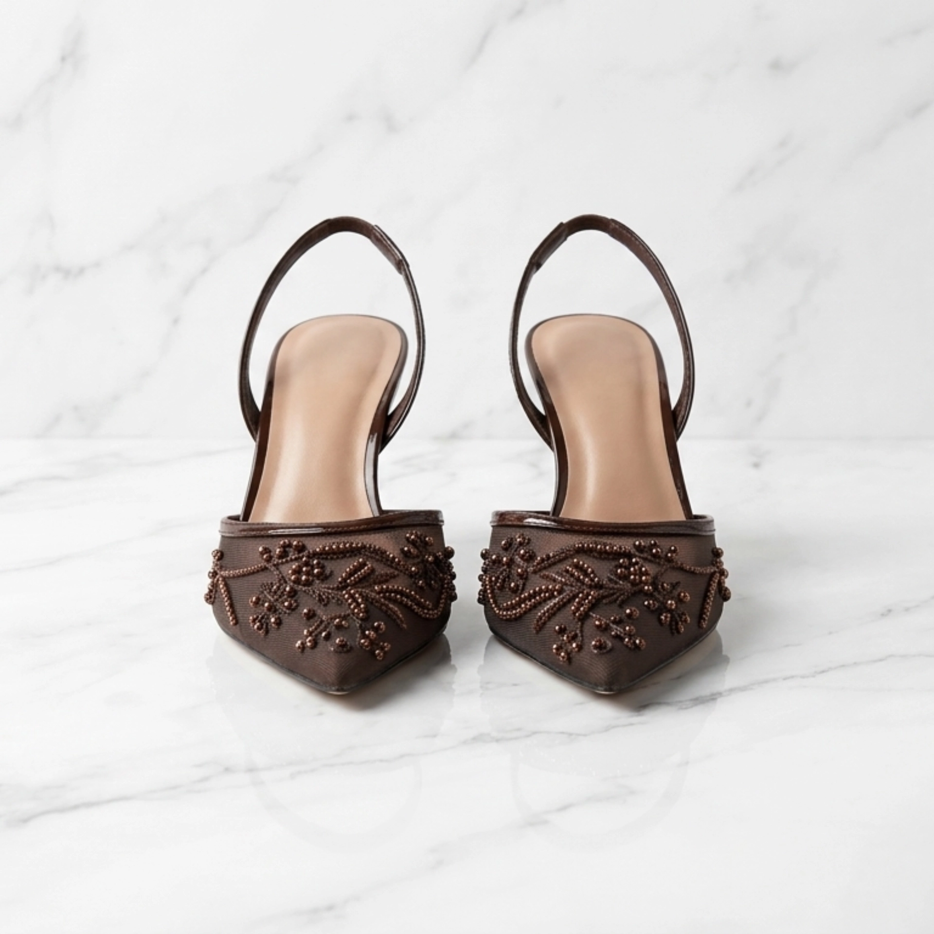 Mesh Beaded Slingback Pumps