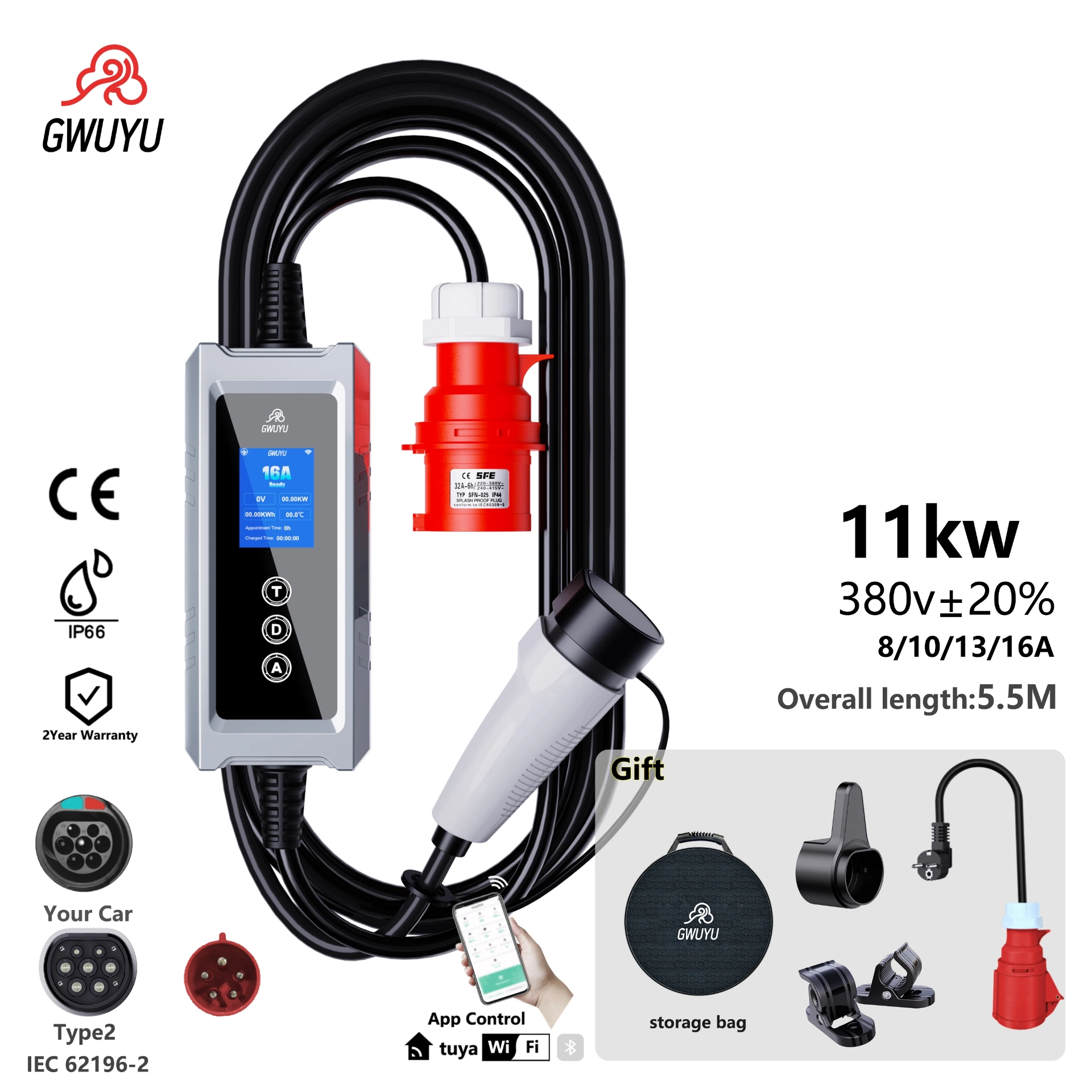 GWUYU 22kw-11kw شاحن السيارة الكهربائية المحمول مع شاشة LED التي تسيطر عليها تطبيق WiFi قابلة للتعديل 32A محطة شحن EV مدمجة